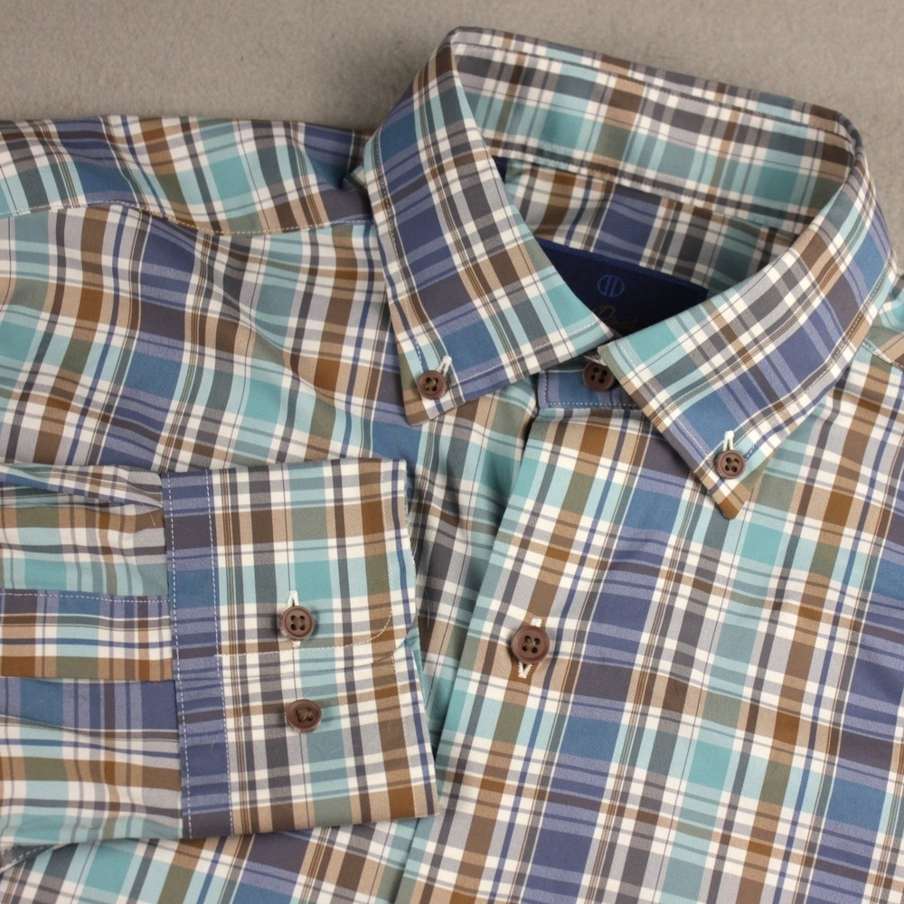 David Donahue Fusion‎ Performance Plaid Dress Shirt Mens 15.5 M Blue Teal Brown